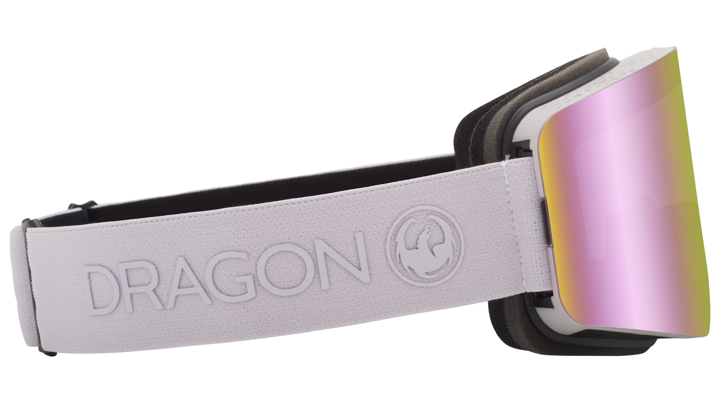 The Dragon R1 OTG Snow Goggle in the Lilac Frames with a Lumalens